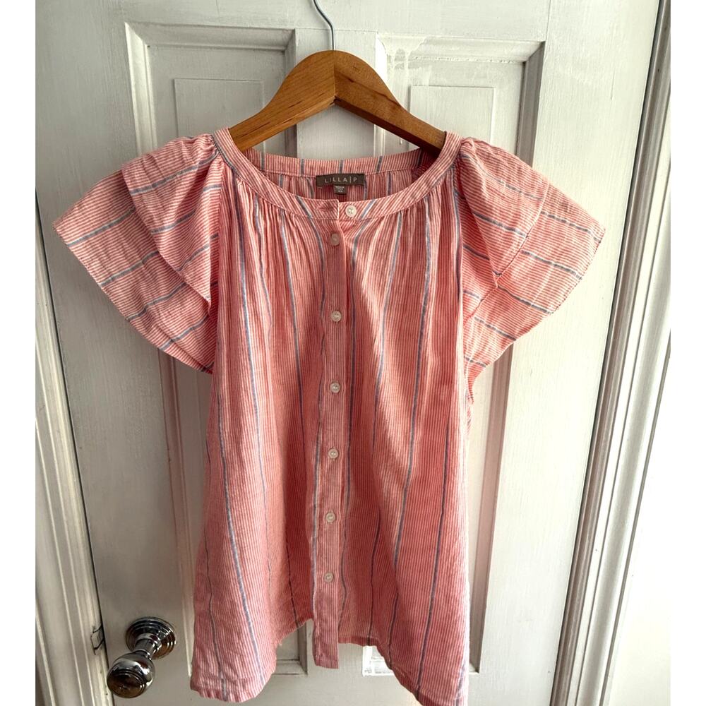Lilla P Women's Size XS Peach & White Striped Short Sleeve Blouse